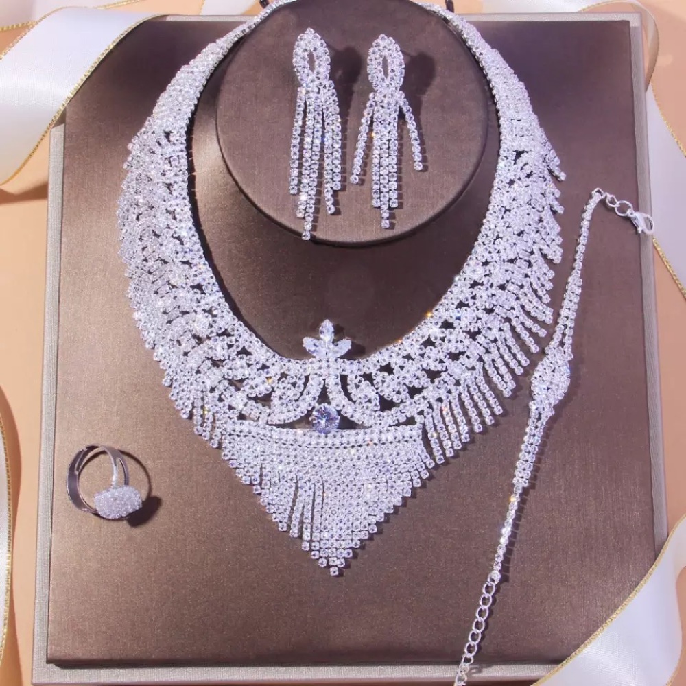 Bridal necklace earrings bracelet ring set silver rhinestone bling jewelry